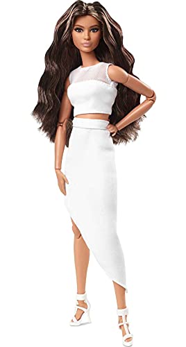 Barbie Signature Barbie Looks Doll (Brunette Wavy Hair) Fully Posable Fashion Doll Wearing White Skirt for Collectors - GTD89