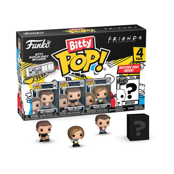 Funko Bitty Pop! Friends - Joey 4PK - Joey Tribbiani™, Ross Geller™, Rachel Green™ and A Surprise Mystery Mini Figure - 0.9 Inch (2.2 Cm) Collectable - Stackable Display Shelf Included - Gift Idea